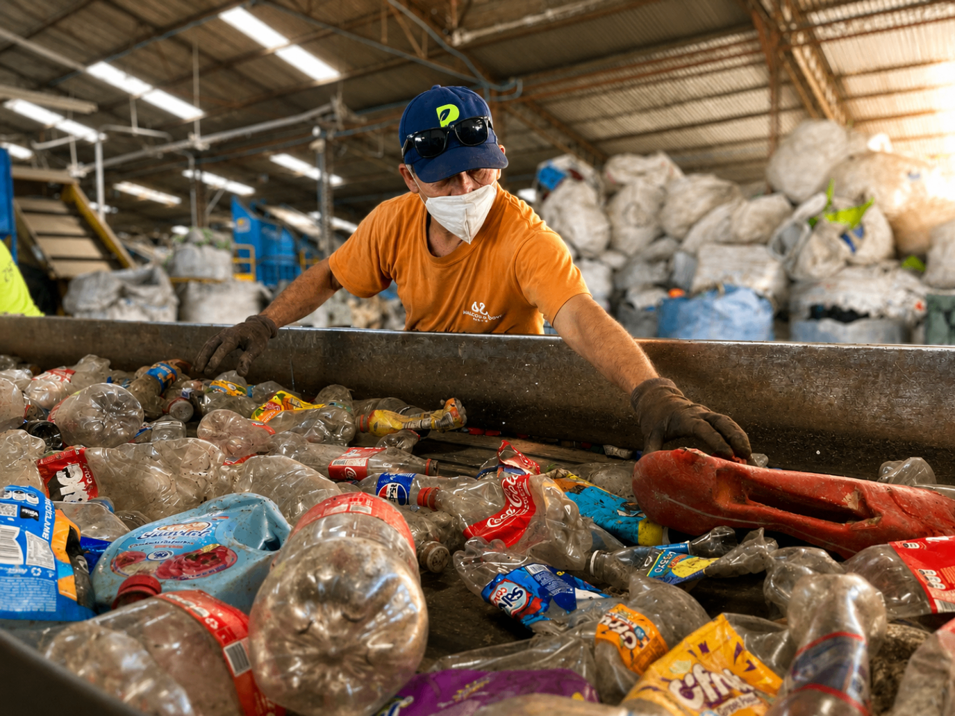 Operación industrial de clasificación de plásticos y materiales recuperables